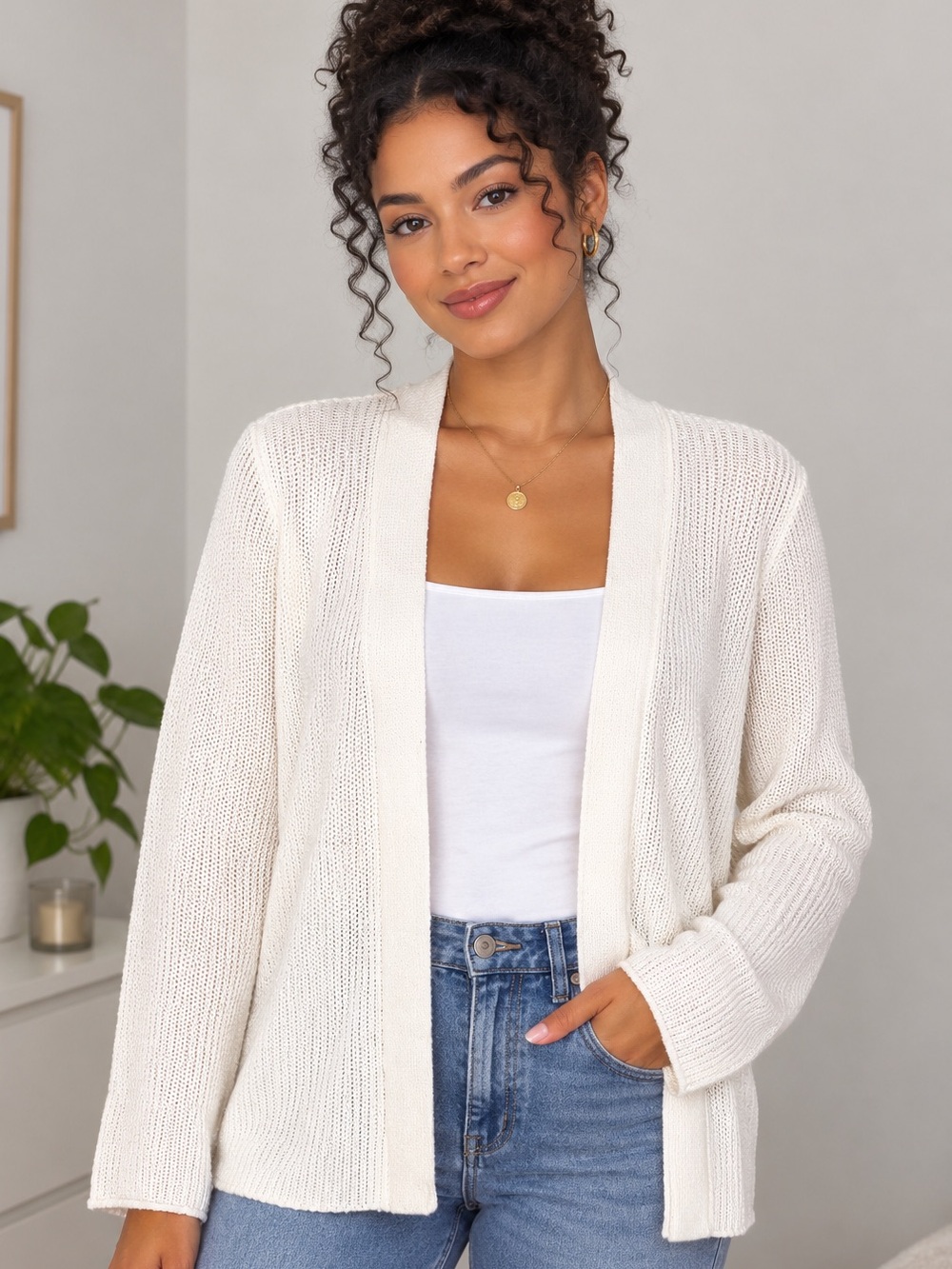 LOFT Petites Ivory Ribbed Open Front Cardigan PS